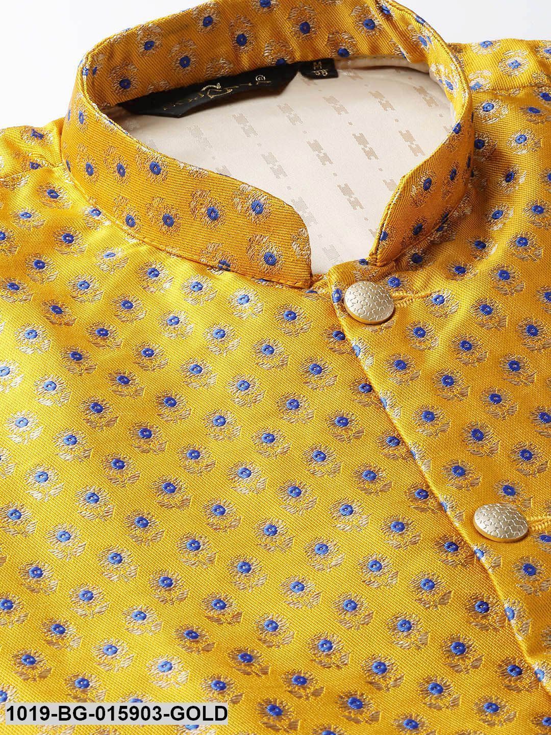 Men's Silk Blend Gold Kurta Pyjama & Mustard Nehru jacket Combo