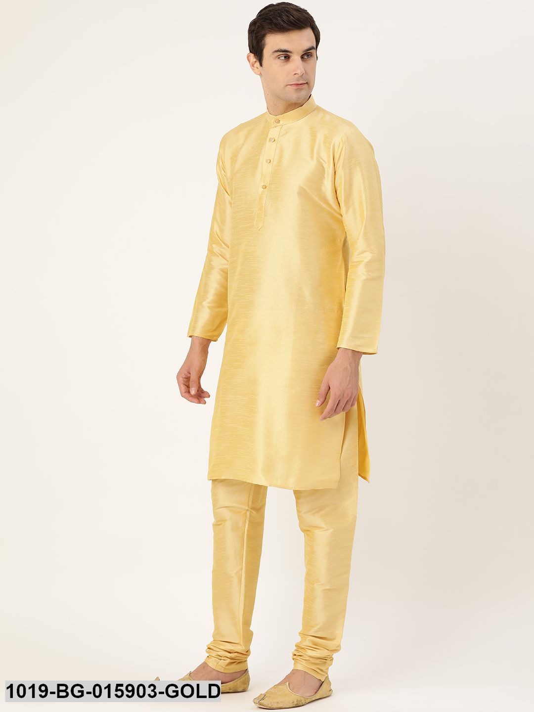 Men's Silk Blend Gold Kurta Pyjama & Mustard Nehru jacket Combo