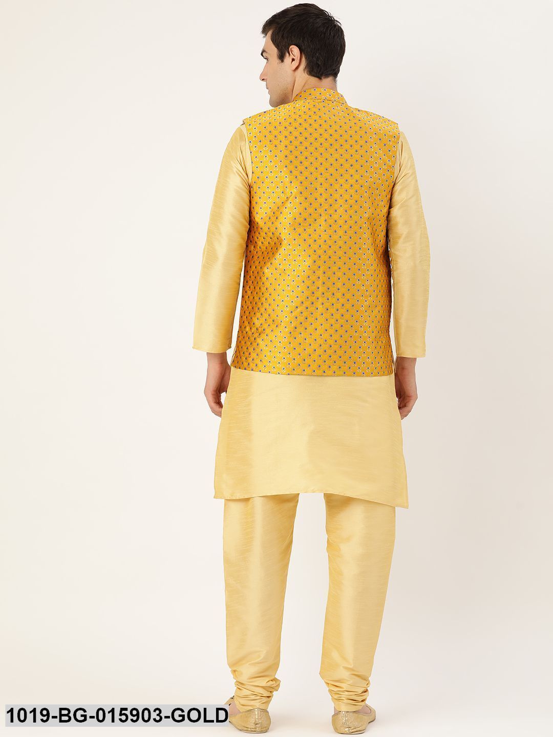 Men's Silk Blend Gold Kurta Pyjama & Mustard Nehru jacket Combo
