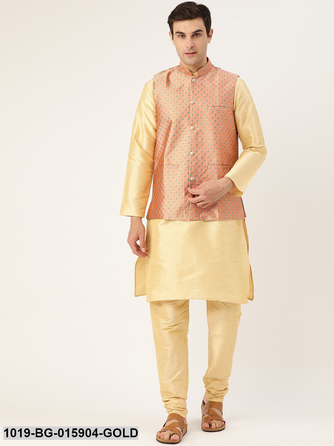 Men's Silk Blend Gold Kurta Pyjama & Peach Nehru jacket Combo