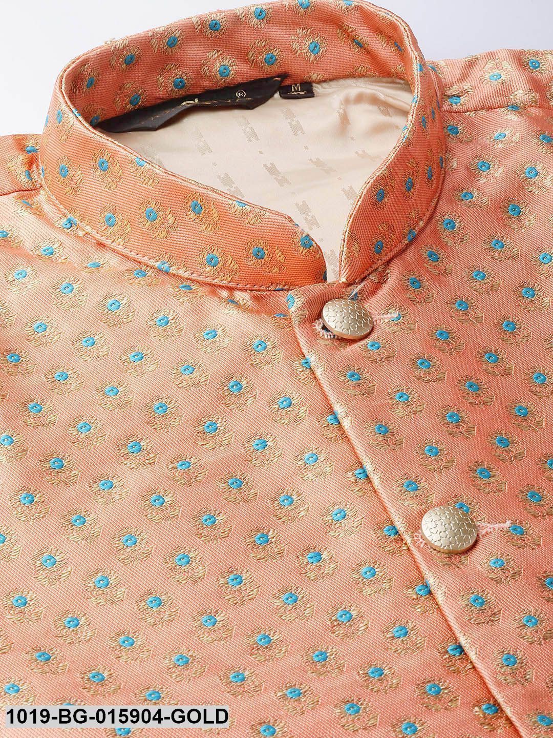 Men's Silk Blend Gold Kurta Pyjama & Peach Nehru jacket Combo