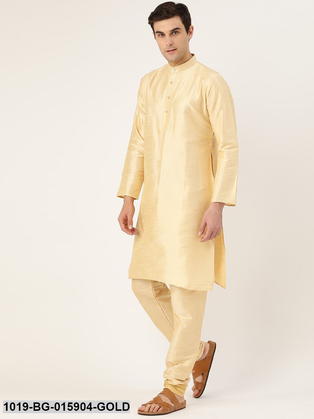 Men's Silk Blend Gold Kurta Pyjama & Peach Nehru jacket Combo