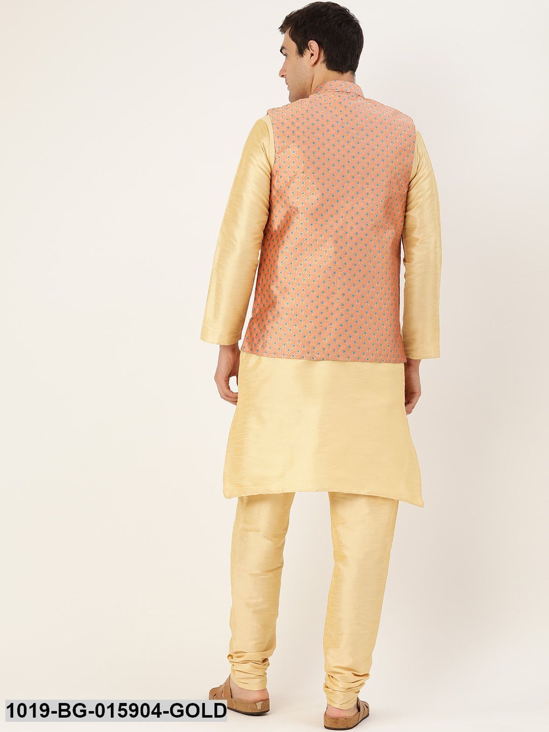 Men's Silk Blend Gold Kurta Pyjama & Peach Nehru jacket Combo