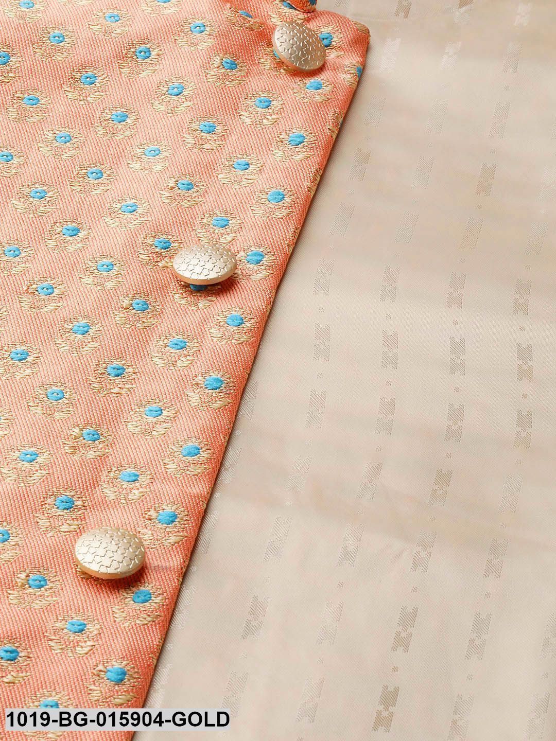 Men's Silk Blend Gold Kurta Pyjama & Peach Nehru jacket Combo