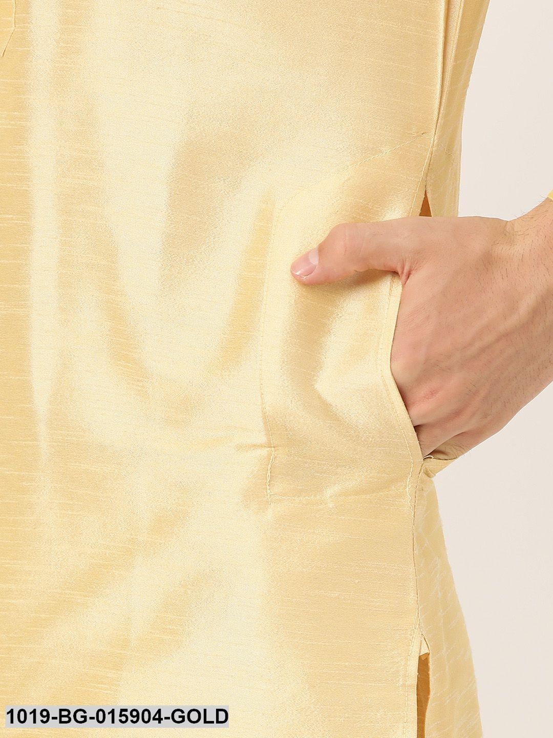 Men's Silk Blend Gold Kurta Pyjama & Peach Nehru jacket Combo