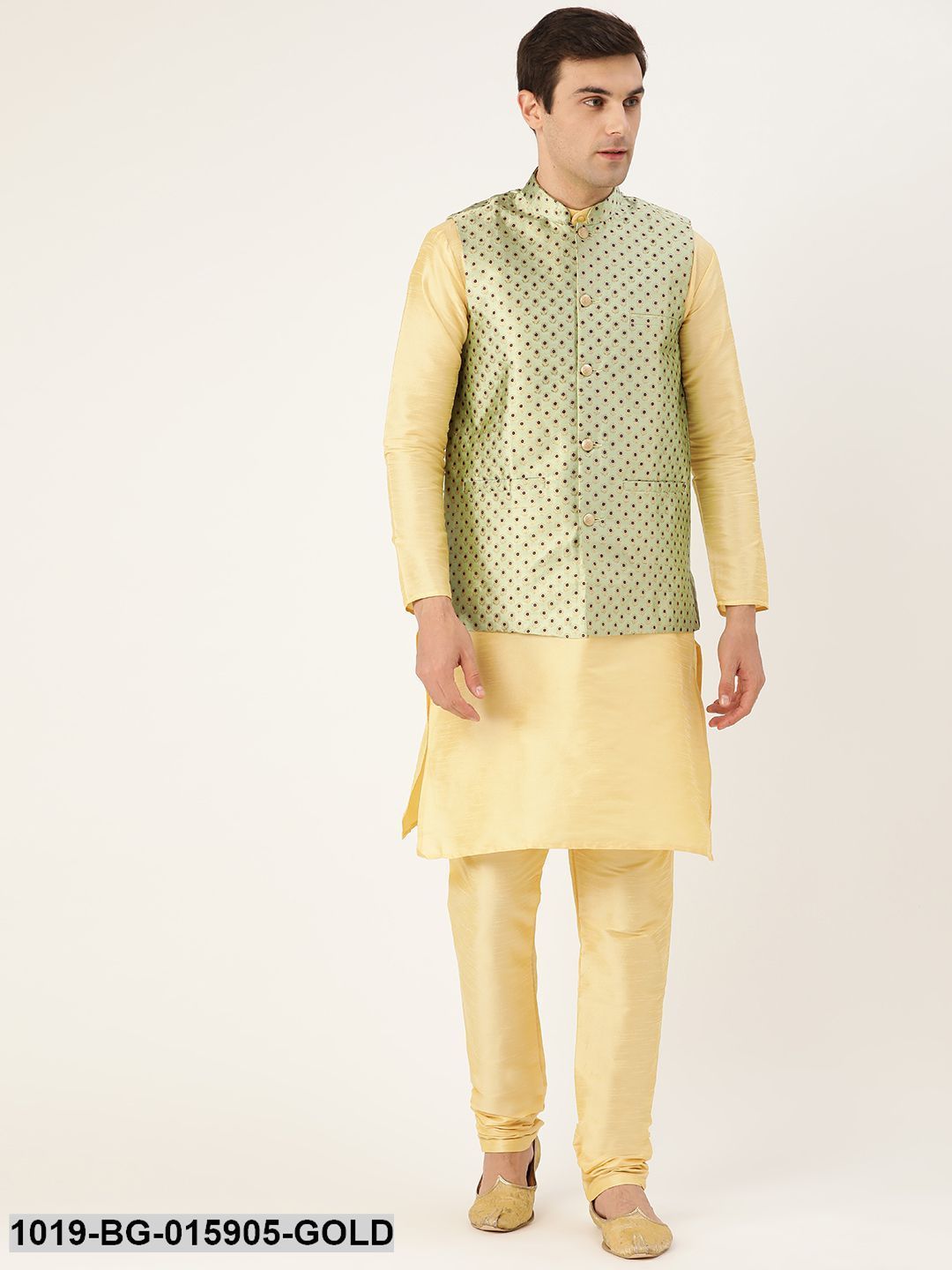 Men's Silk Blend Gold Kurta Pyjama & Pista Green Nehru jacket Combo