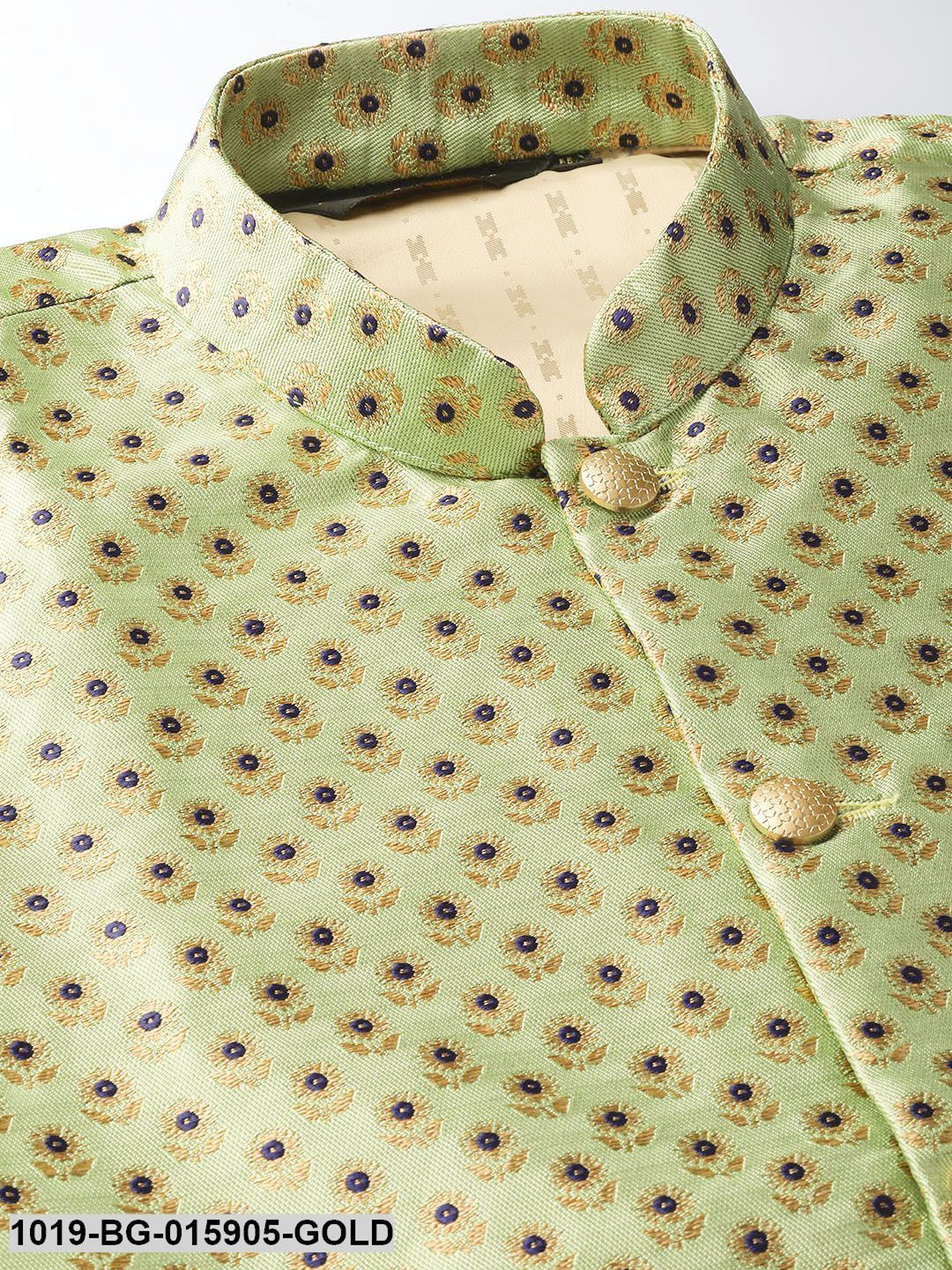 Men's Silk Blend Gold Kurta Pyjama & Pista Green Nehru jacket Combo