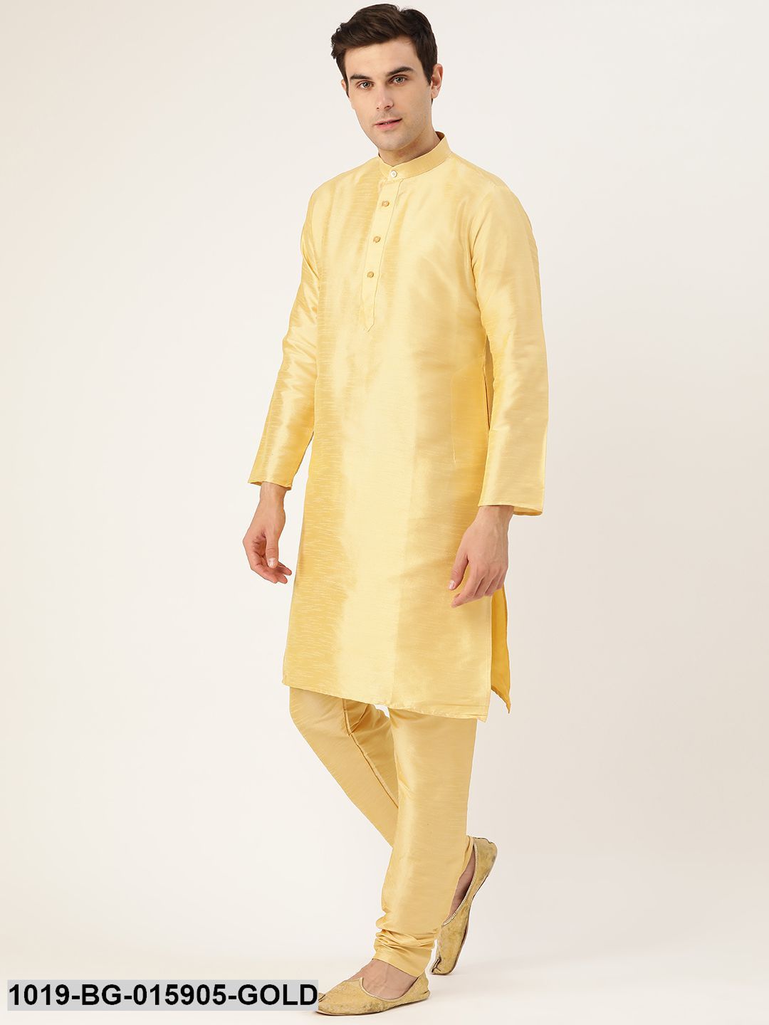 Men's Silk Blend Gold Kurta Pyjama & Pista Green Nehru jacket Combo