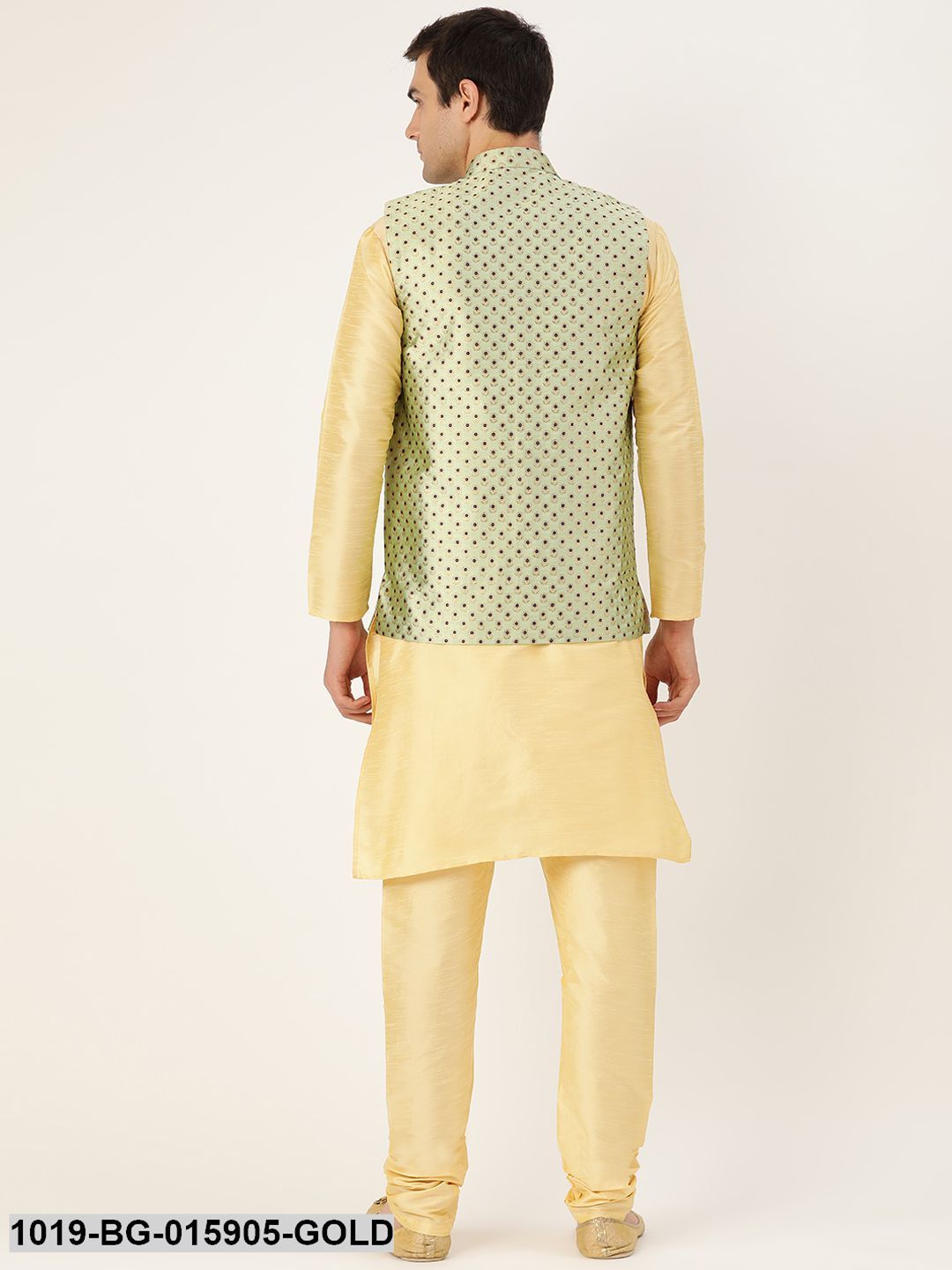 Men's Silk Blend Gold Kurta Pyjama & Pista Green Nehru jacket Combo