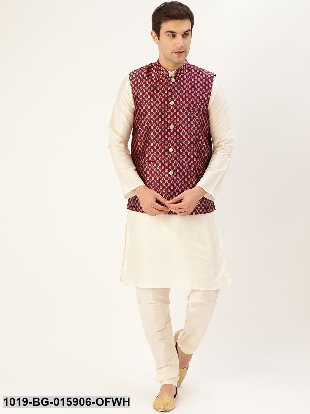 Men's Silk Blend Off White Kurta Pyjama & Wine Nehru jacket Combo