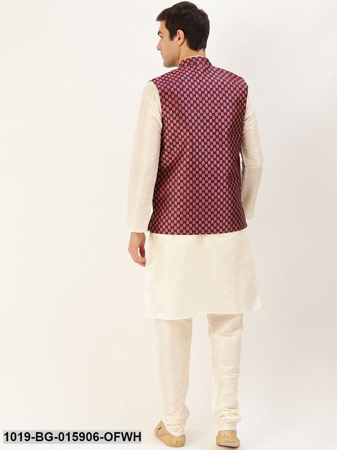 Men's Silk Blend Off White Kurta Pyjama & Wine Nehru jacket Combo