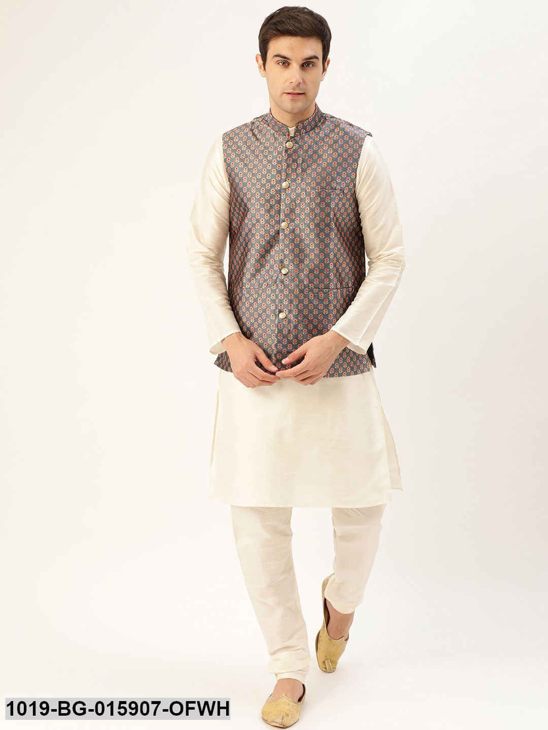 Men's Silk Blend Off White Kurta Pyjama & Charcoal Grey Nehru jacket Combo