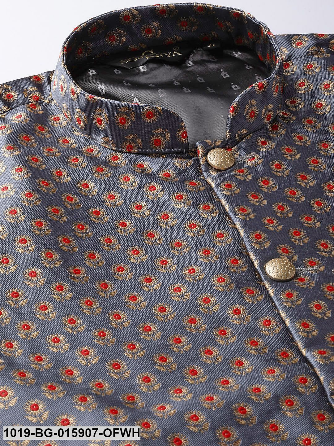 Men's Silk Blend Off White Kurta Pyjama & Charcoal Grey Nehru jacket Combo