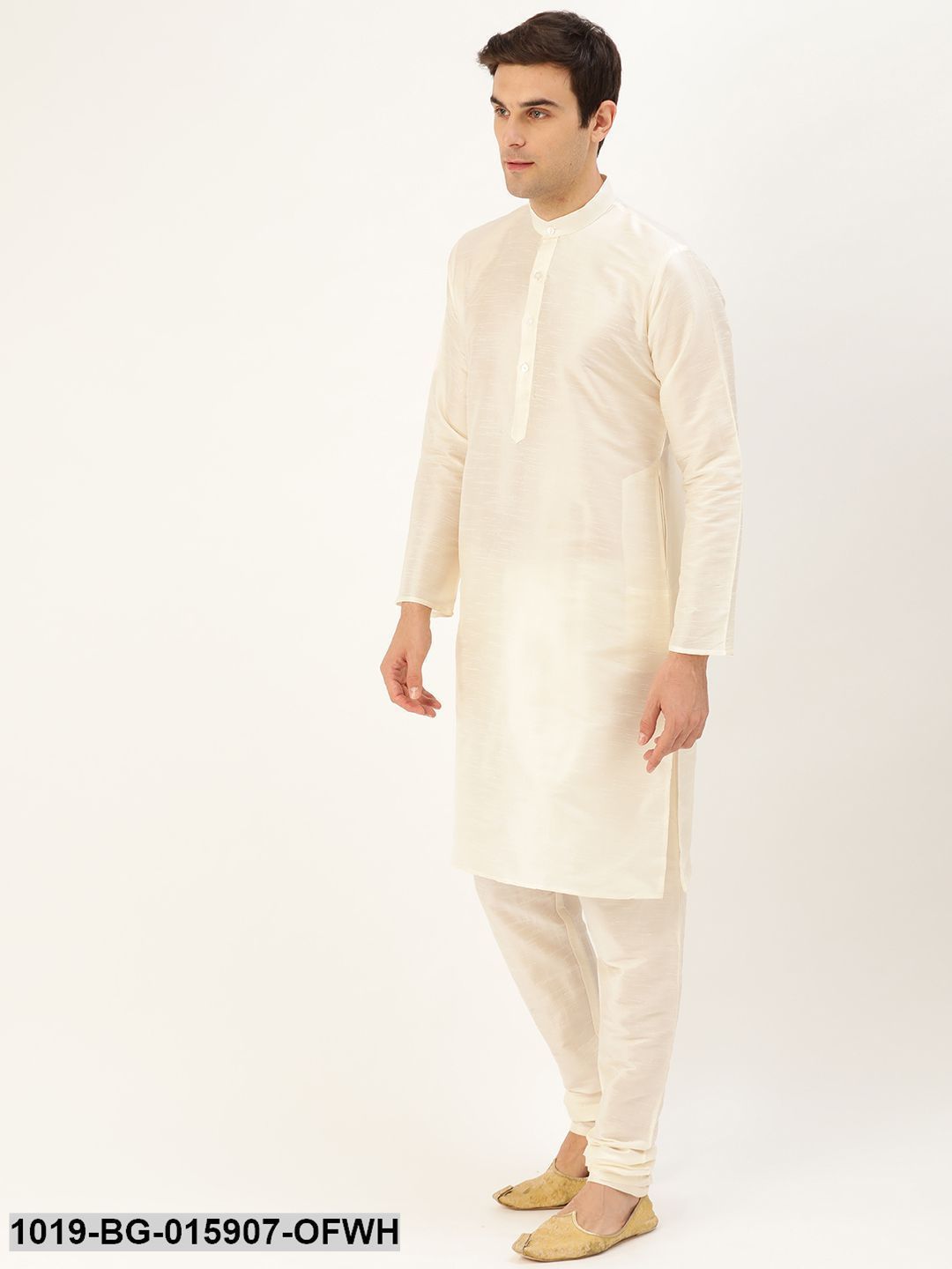 Men's Silk Blend Off White Kurta Pyjama & Charcoal Grey Nehru jacket Combo