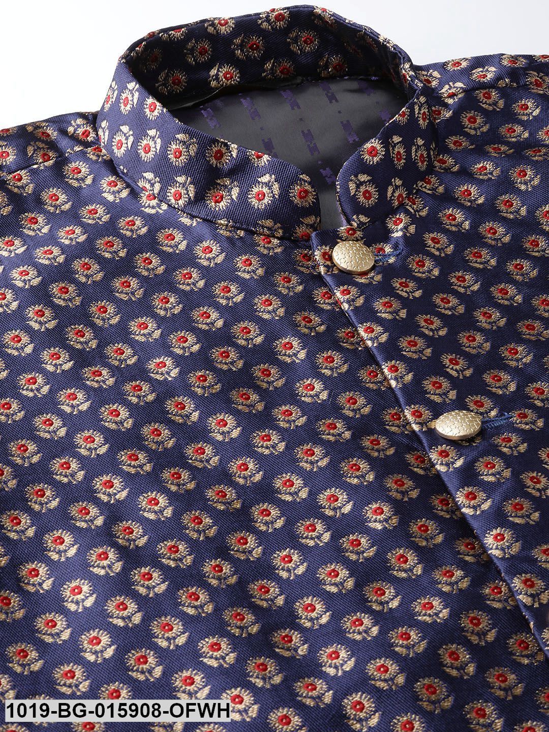 Men's Silk Blend Off White Kurta Pyjama & Navy Blue Nehru jacket Combo