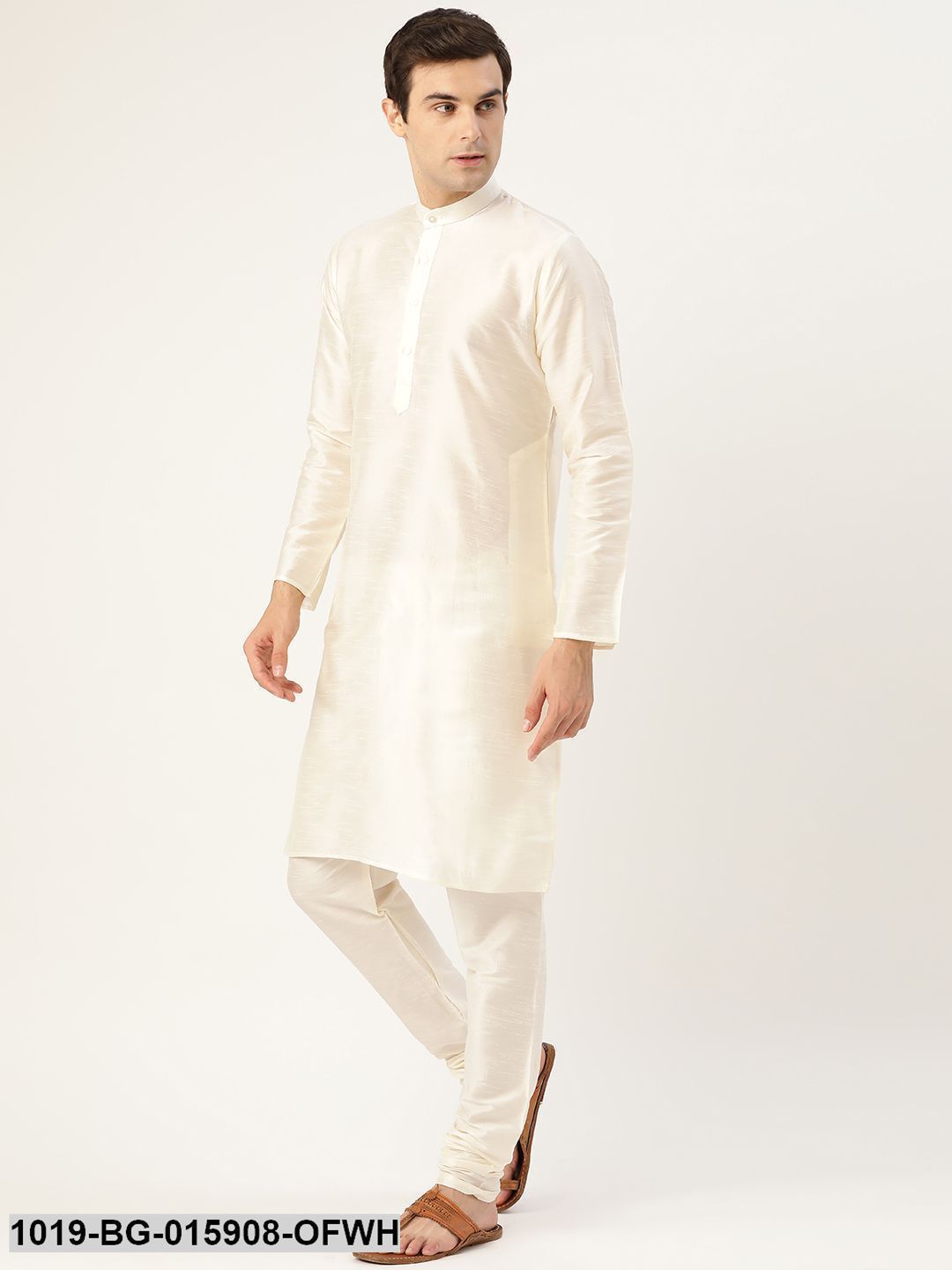 Men's Silk Blend Off White Kurta Pyjama & Navy Blue Nehru jacket Combo
