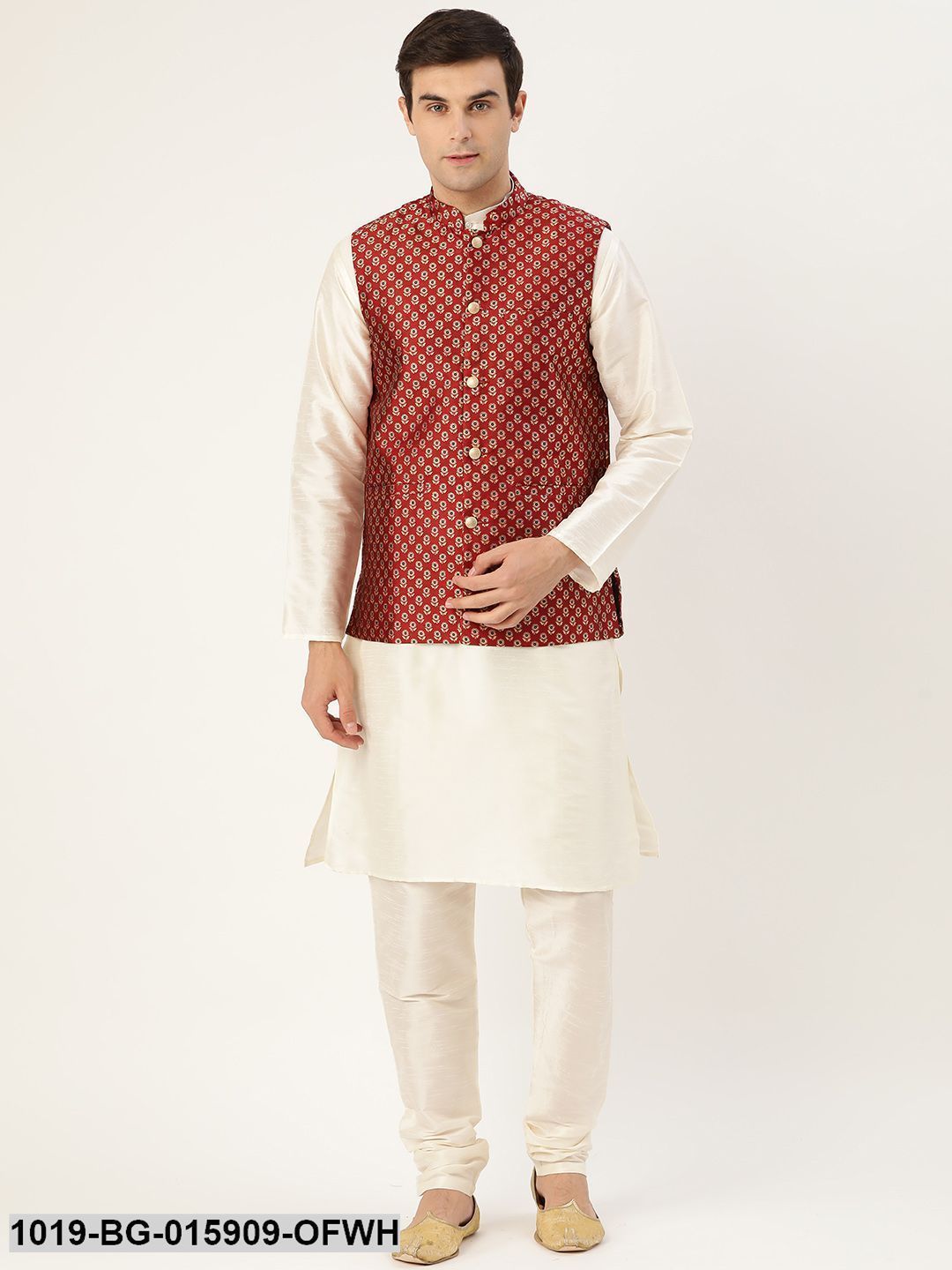 Men's Silk Blend Off White Kurta Pyjama & Maroon Nehru jacket Combo