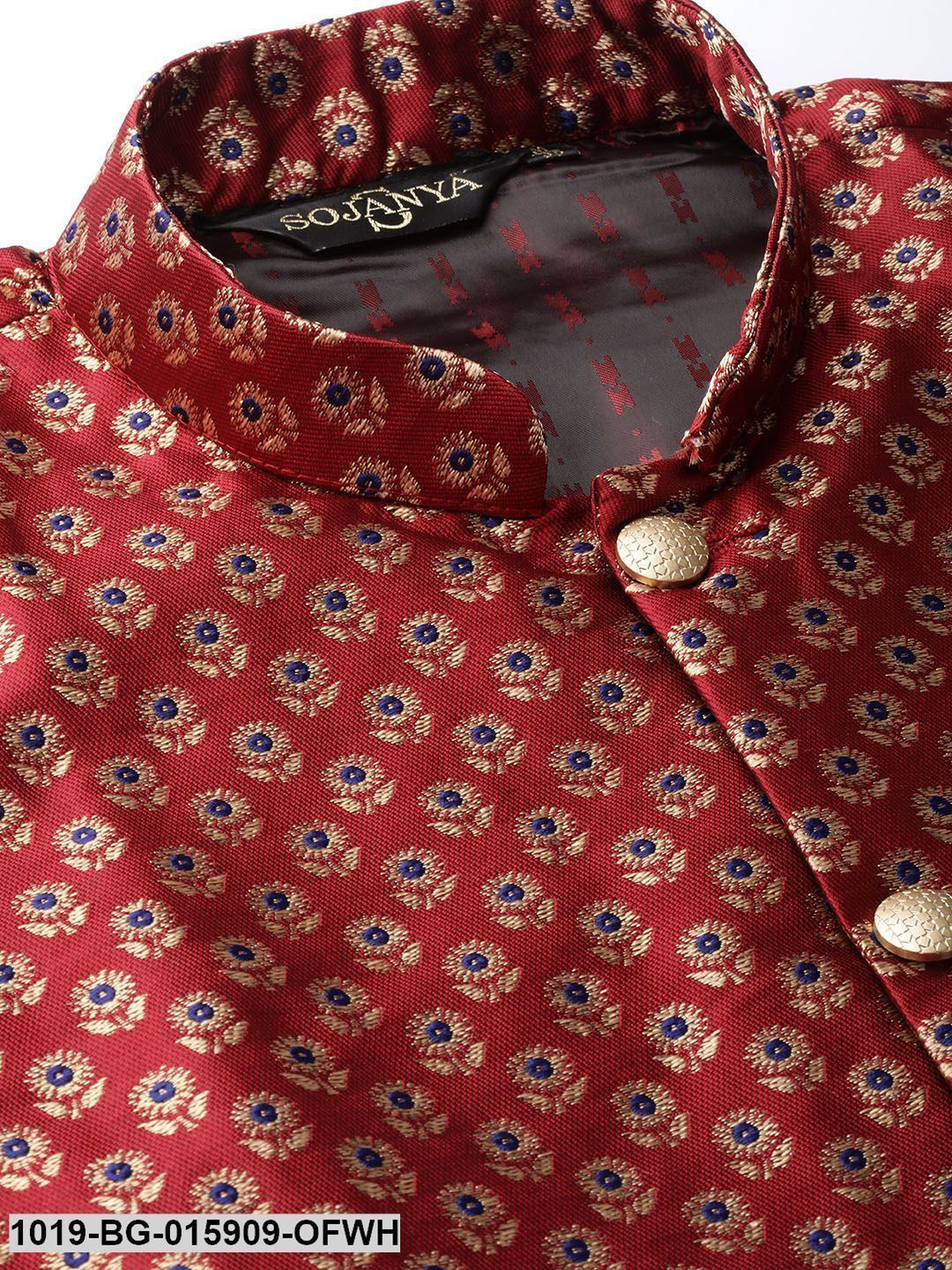 Men's Silk Blend Off White Kurta Pyjama & Maroon Nehru jacket Combo
