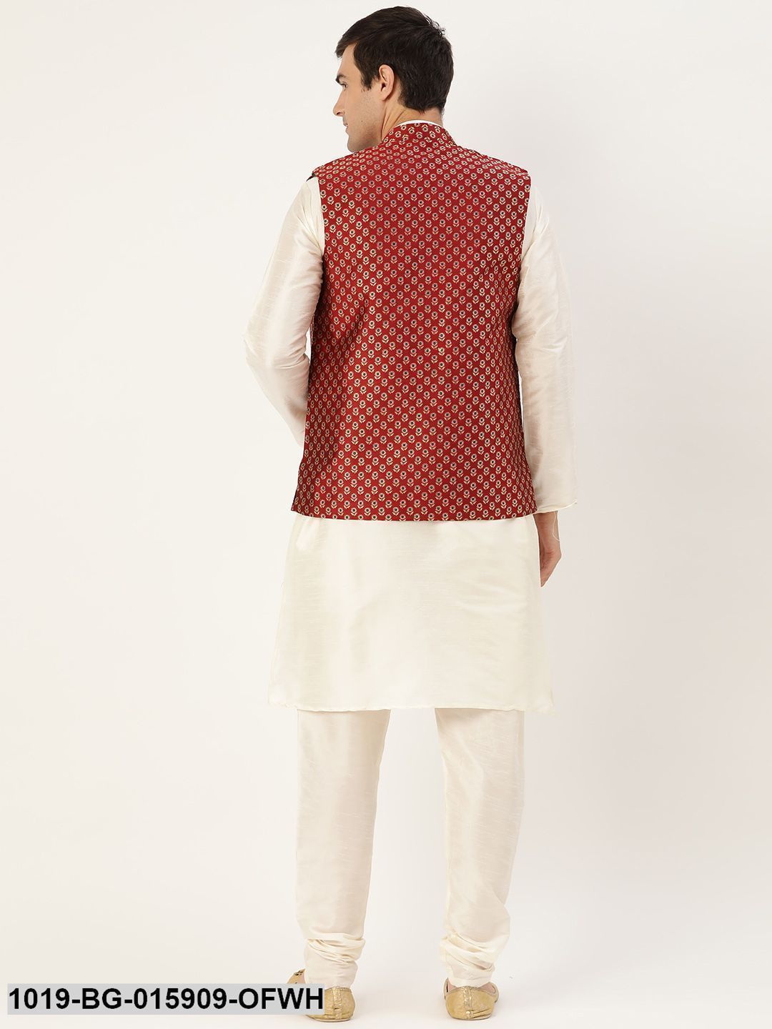 Men's Silk Blend Off White Kurta Pyjama & Maroon Nehru jacket Combo