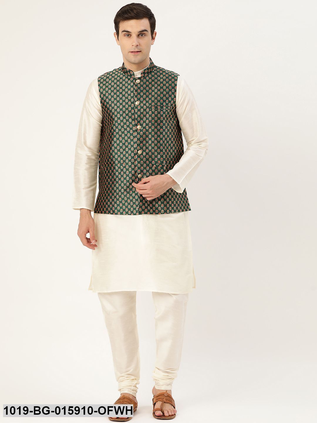 Men's Silk Blend Off White Kurta Pyjama & Dark Green Nehru jacket Combo