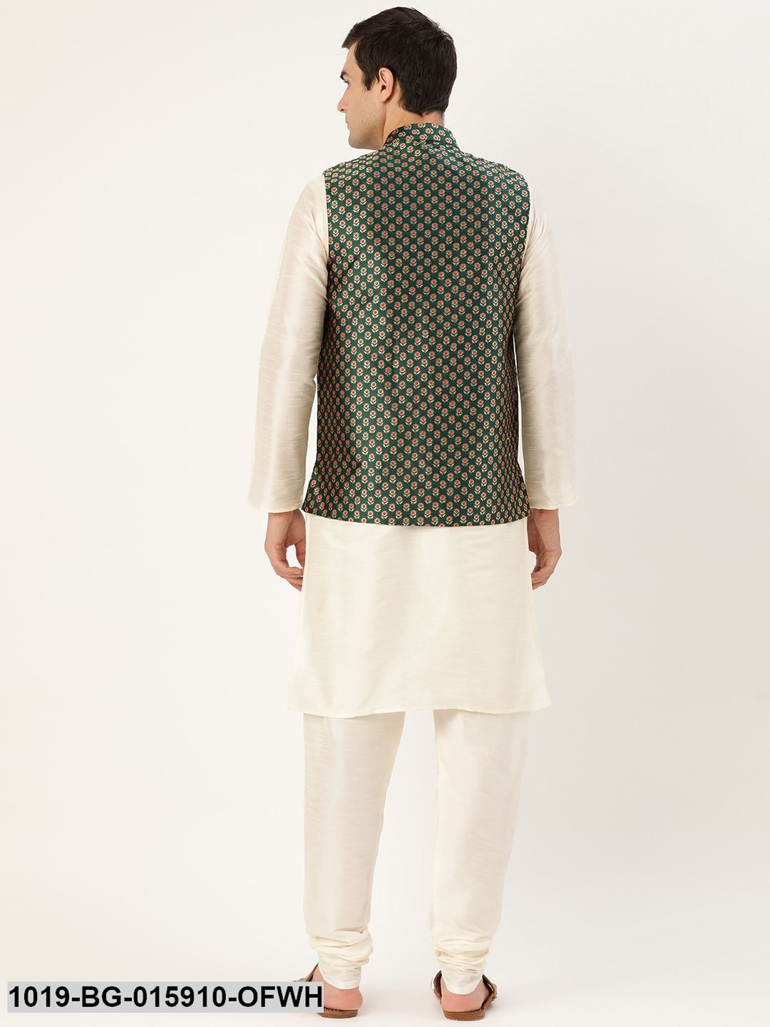 Men's Silk Blend Off White Kurta Pyjama & Dark Green Nehru jacket Combo