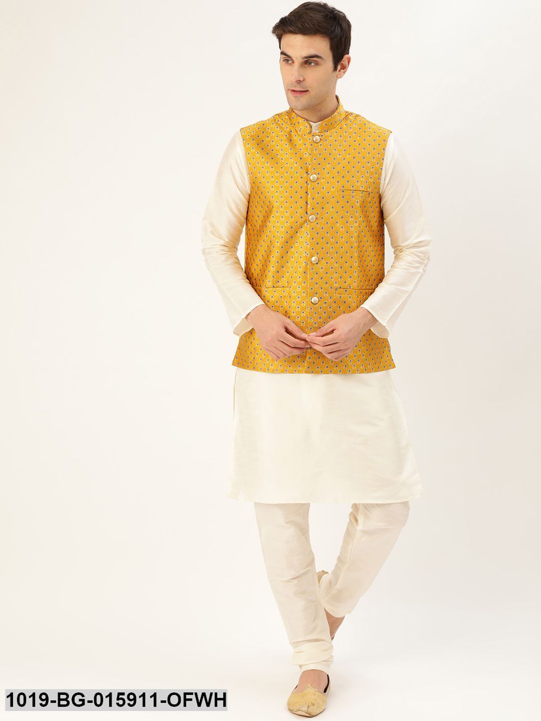 Men's Silk Blend Off White Kurta Pyjama & Mustard Nehru jacket Combo