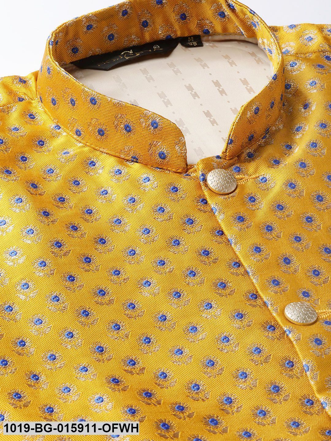 Men's Silk Blend Off White Kurta Pyjama & Mustard Nehru jacket Combo
