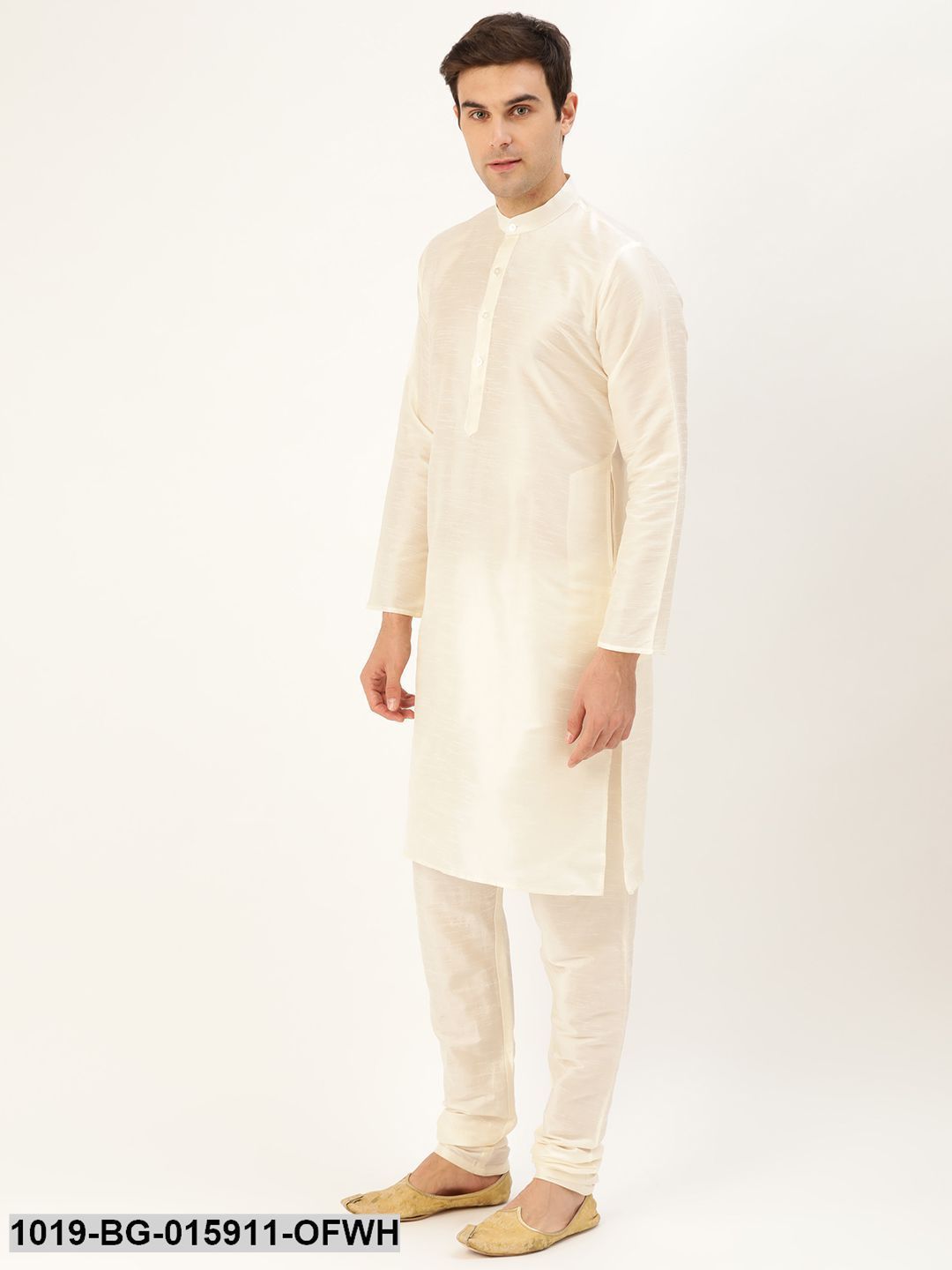 Men's Silk Blend Off White Kurta Pyjama & Mustard Nehru jacket Combo