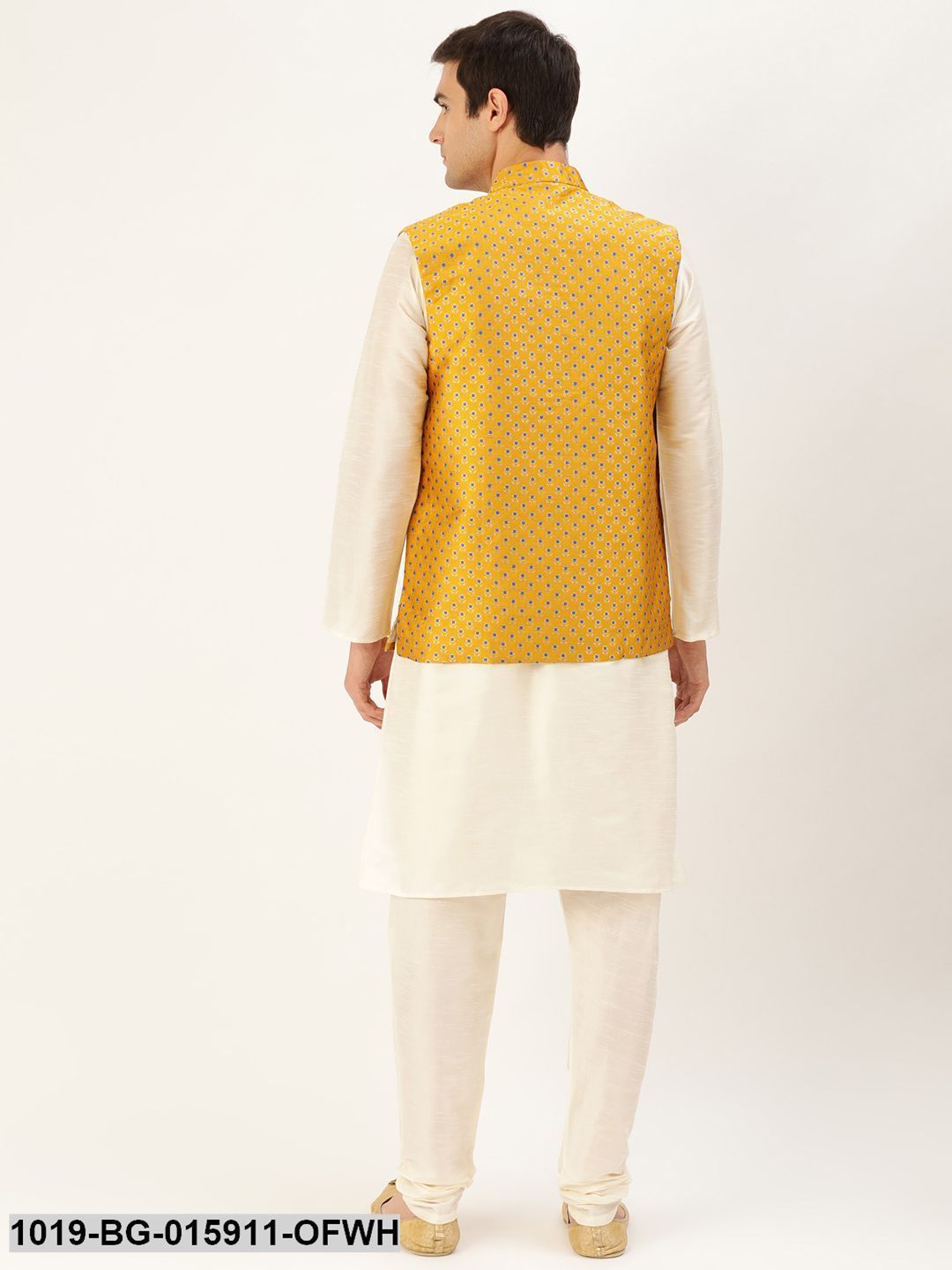 Men's Silk Blend Off White Kurta Pyjama & Mustard Nehru jacket Combo