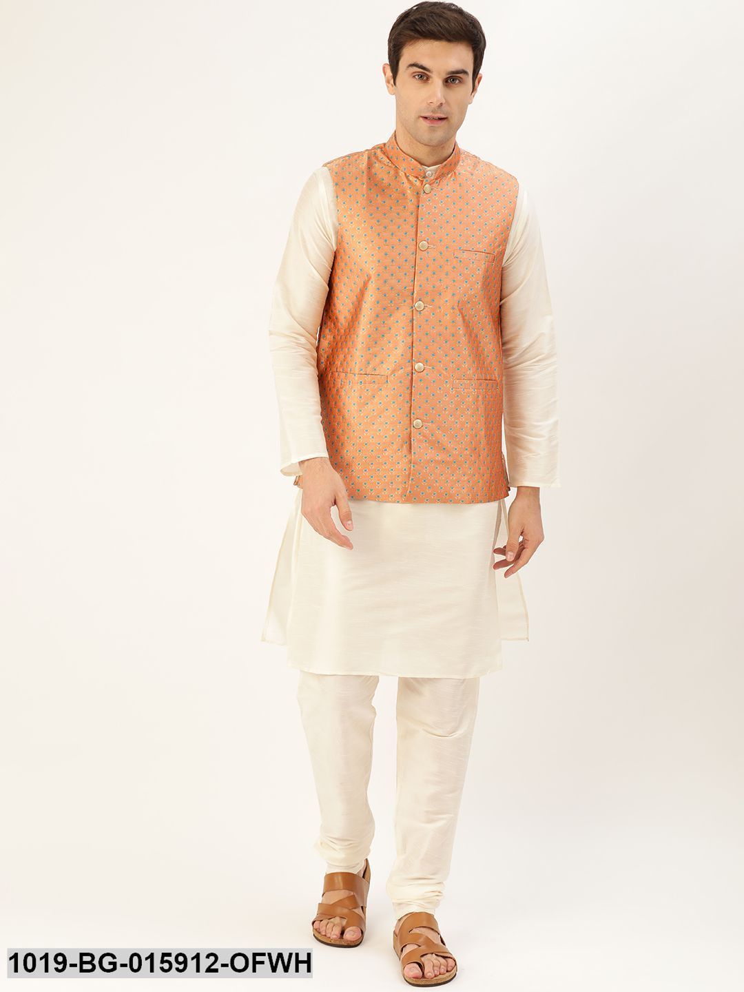 Men's Silk Blend Off White Kurta Pyjama & Peach Nehru jacket Combo