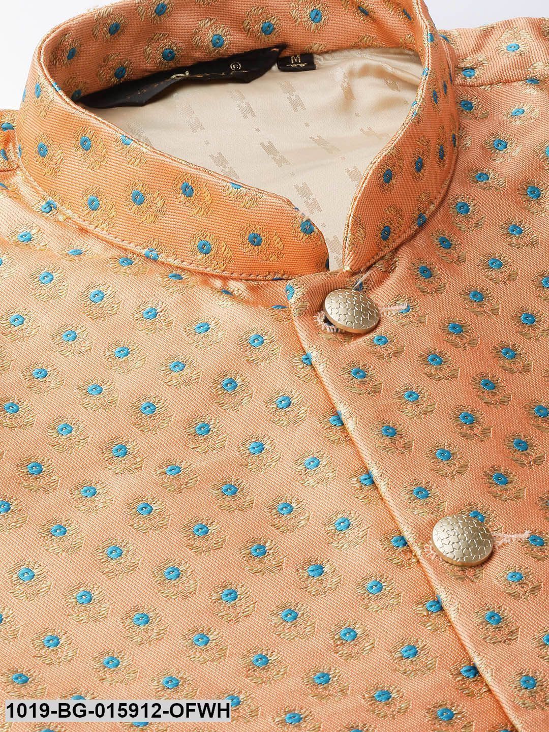 Men's Silk Blend Off White Kurta Pyjama & Peach Nehru jacket Combo