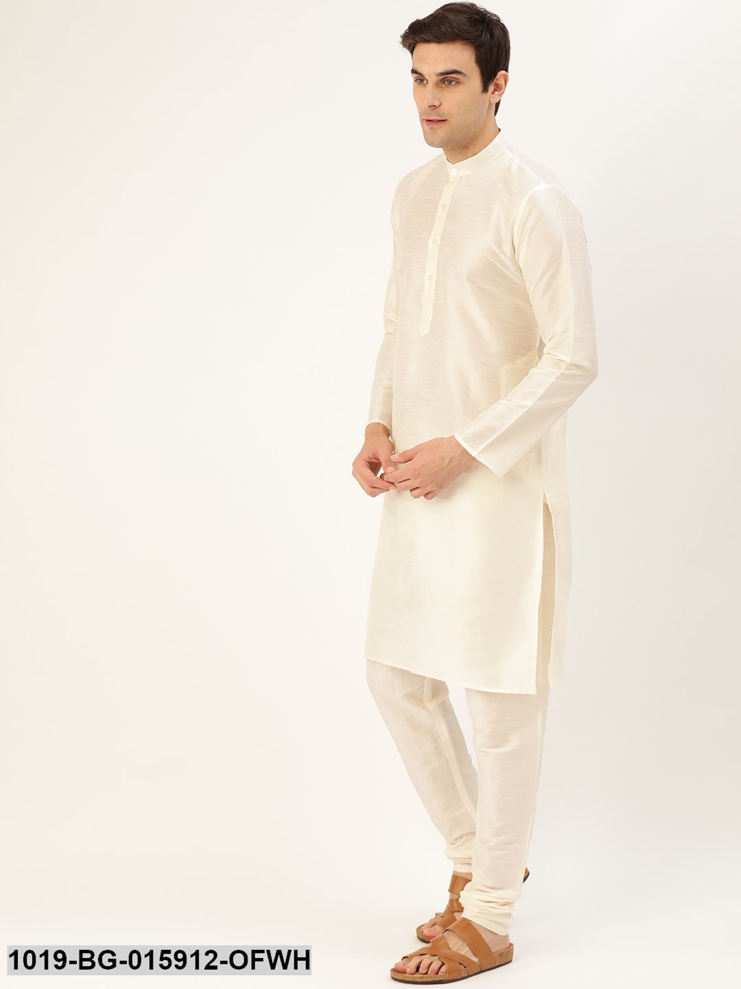 Men's Silk Blend Off White Kurta Pyjama & Peach Nehru jacket Combo