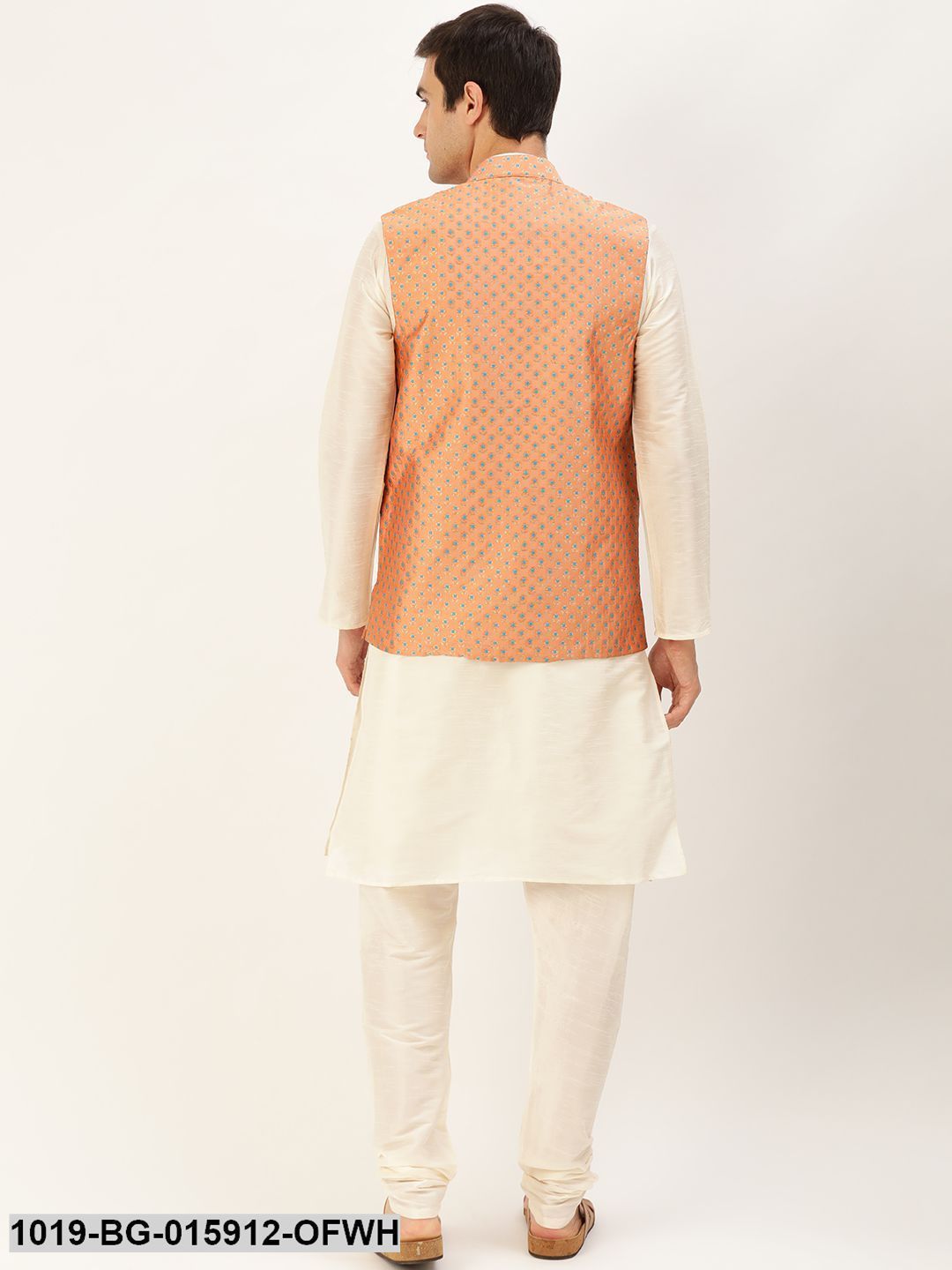 Men's Silk Blend Off White Kurta Pyjama & Peach Nehru jacket Combo