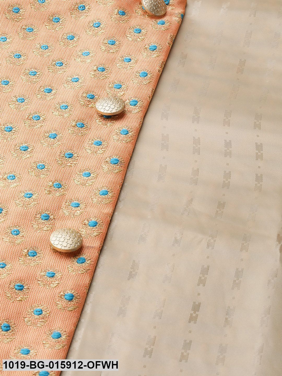 Men's Silk Blend Off White Kurta Pyjama & Peach Nehru jacket Combo