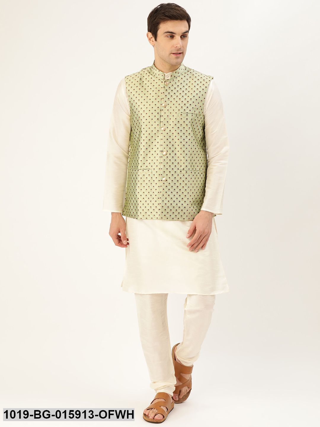 Men's Silk Blend Off White Kurta Pyjama & Pista Green Nehru jacket Combo