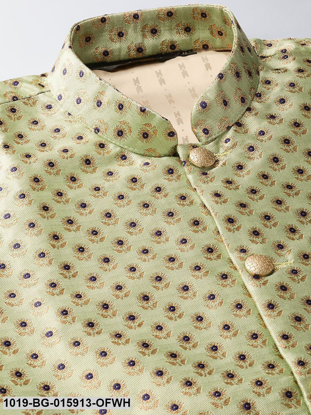 Men's Silk Blend Off White Kurta Pyjama & Pista Green Nehru jacket Combo