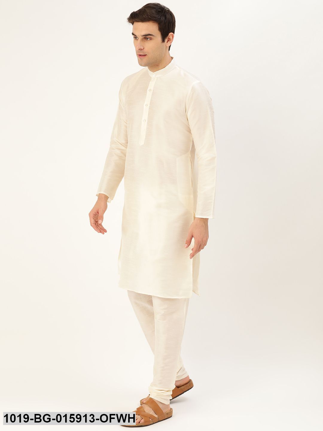 Men's Silk Blend Off White Kurta Pyjama & Pista Green Nehru jacket Combo