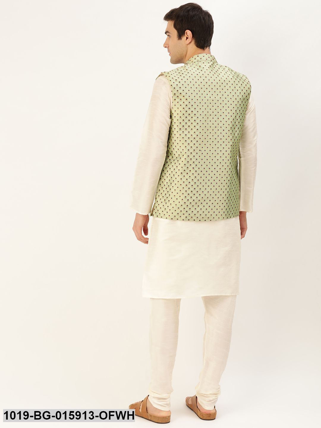 Men's Silk Blend Off White Kurta Pyjama & Pista Green Nehru jacket Combo