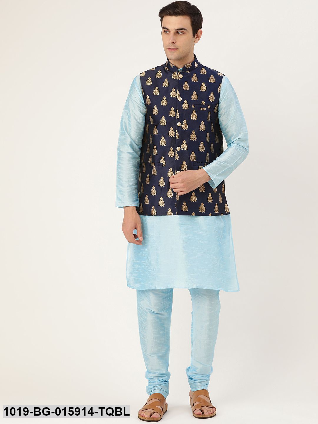 Men's Silk Blend Sky Blue Kurta Pyjama & Navy Blue Nehru jacket Combo - Sojanya