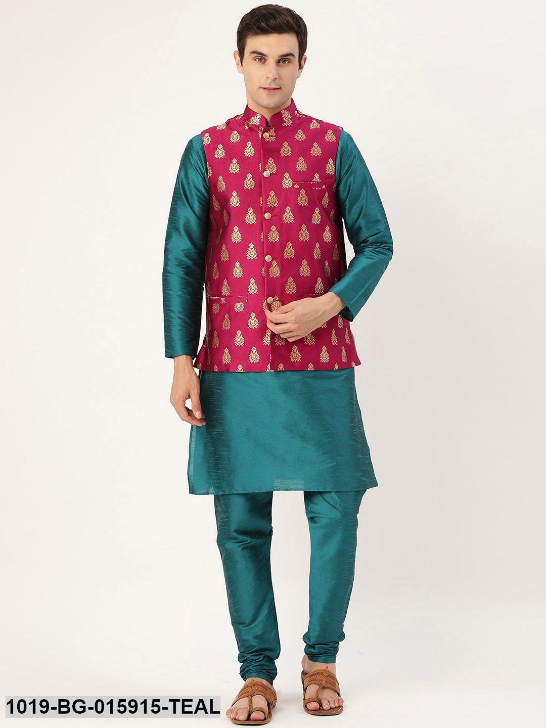 Men's Silk Blend Teal Green Kurta Pyjama & Magenta Nehru jacket Combo - Sojanya