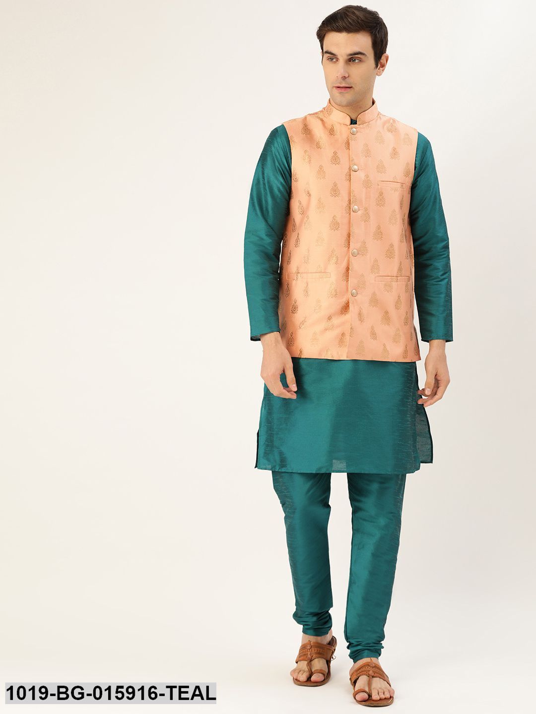 Men's Silk Blend Teal Green Kurta Pyjama & Peach Nehru jacket Combo - Sojanya