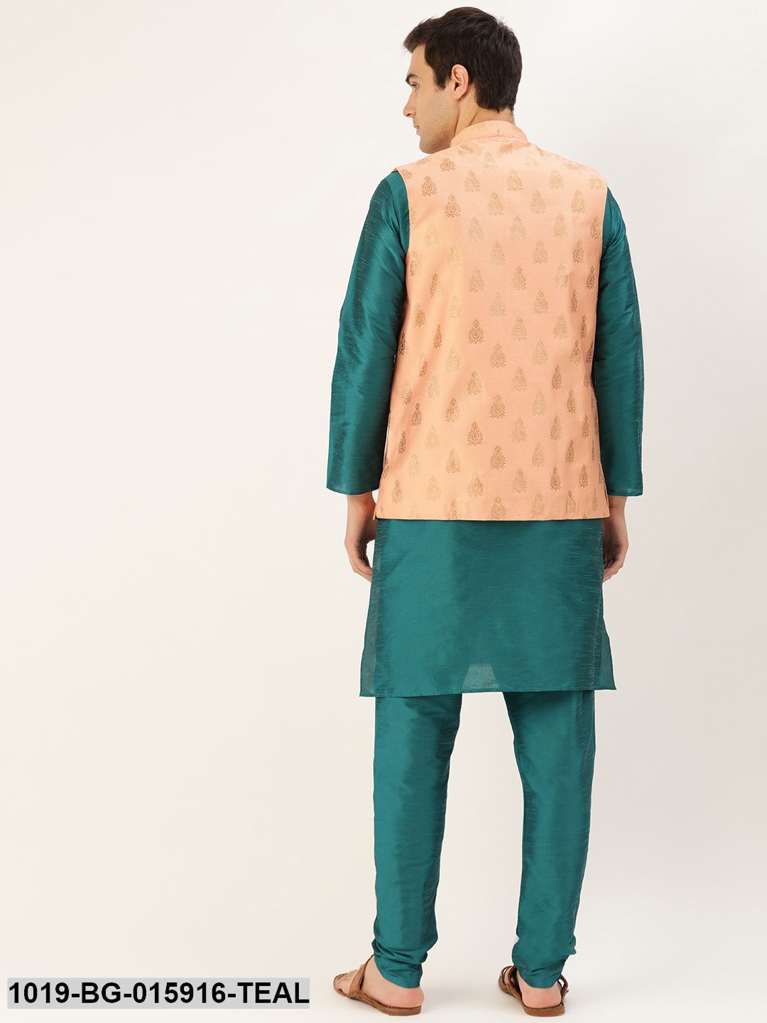 Men's Silk Blend Teal Green Kurta Pyjama & Peach Nehru jacket Combo - Sojanya