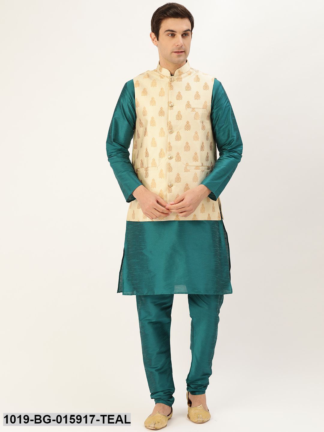 Men's Silk Blend Teal Green Kurta Pyjama & Beige Nehru jacket Combo - Sojanya