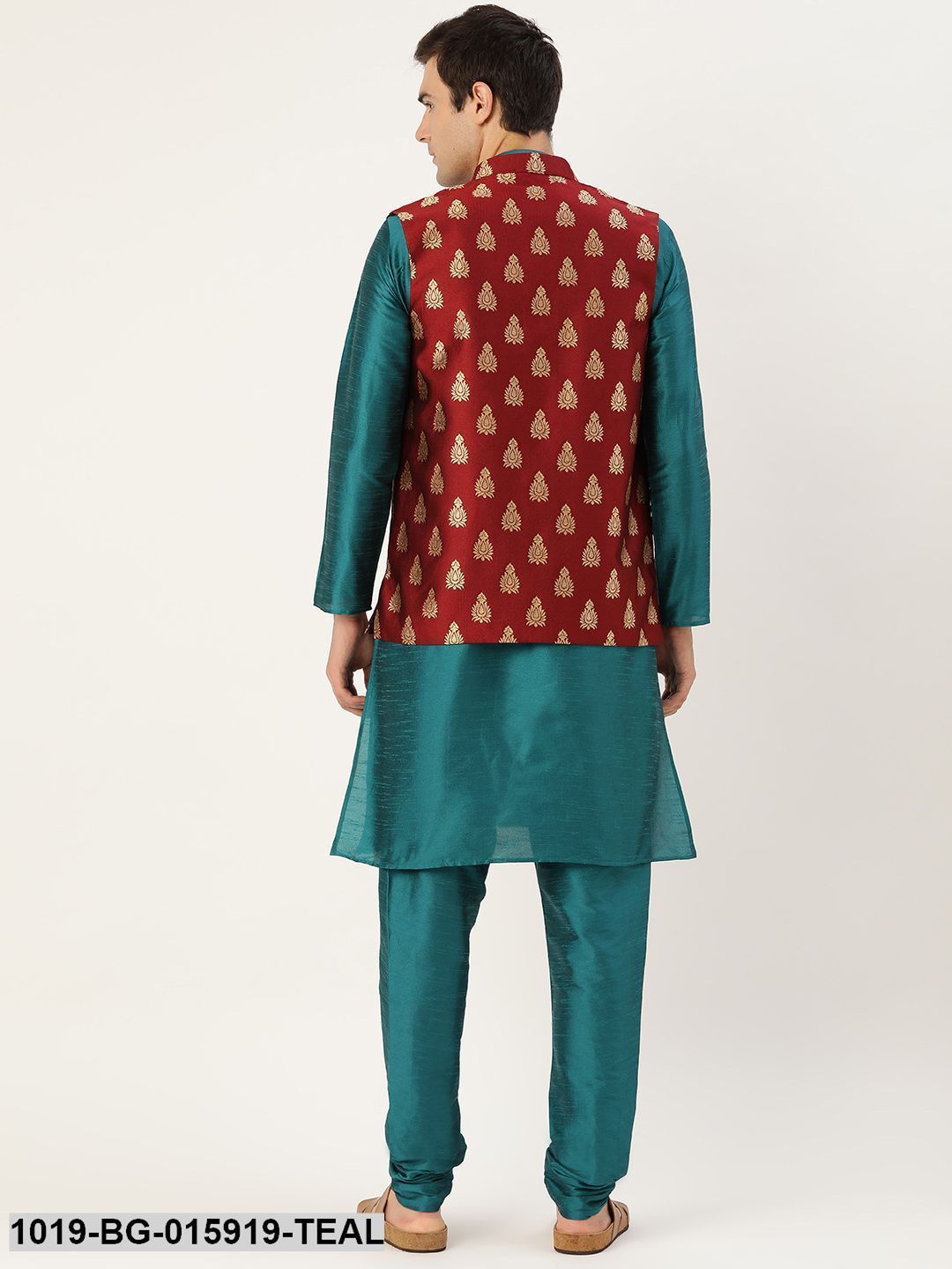 Men's Silk Blend Teal Green Kurta Pyjama & Maroon Nehru jacket Combo - Sojanya