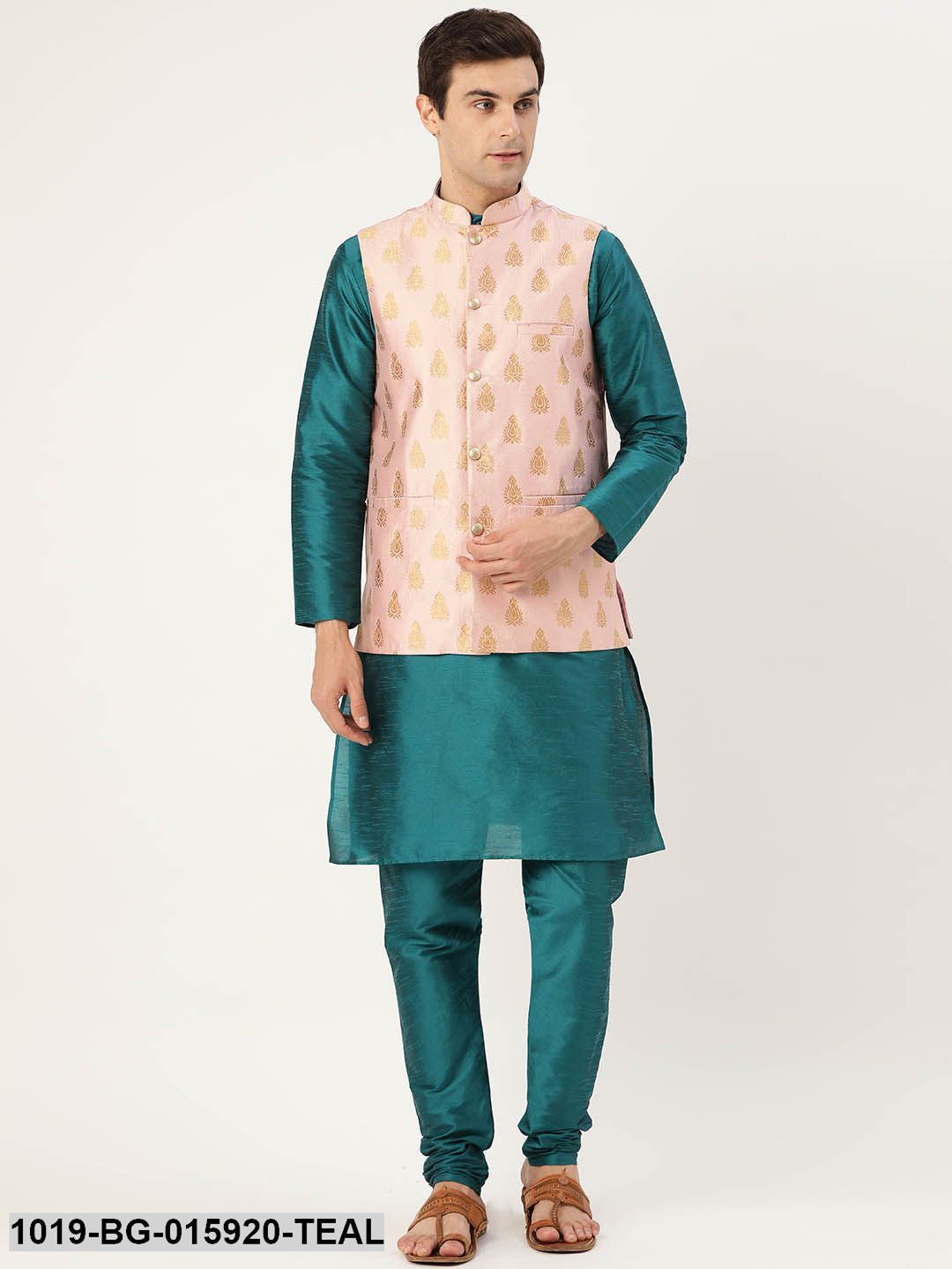 Men's Silk Blend Teal Green Kurta Pyjama & Pink Nehru jacket Combo - Sojanya