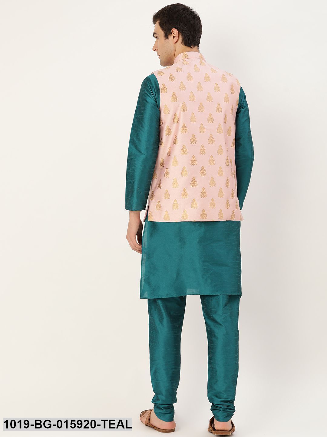Men's Silk Blend Teal Green Kurta Pyjama & Pink Nehru jacket Combo - Sojanya