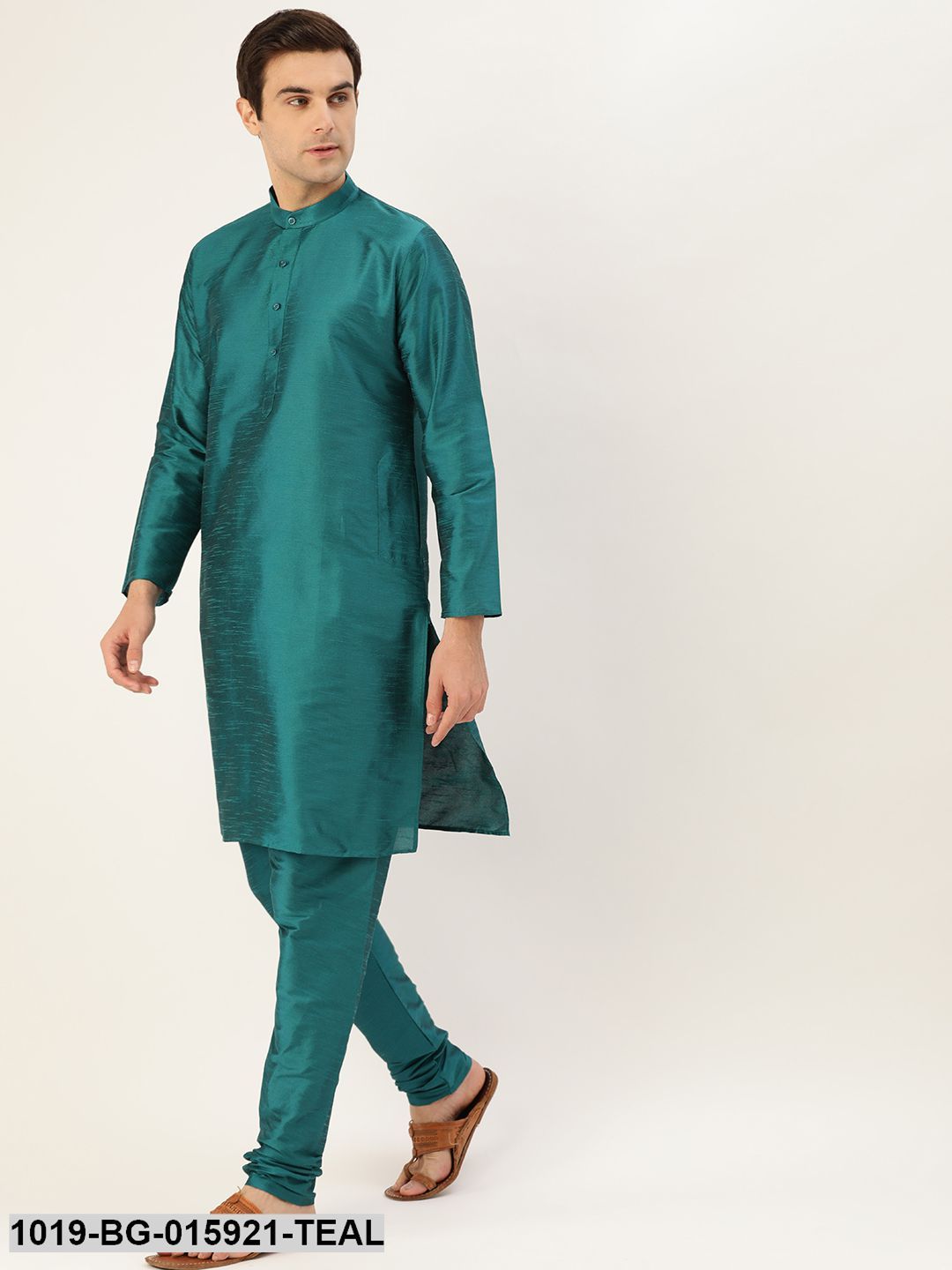 Men's Silk Blend Teal Green Kurta Pyjama & Mustard Nehru jacket Combo - Sojanya