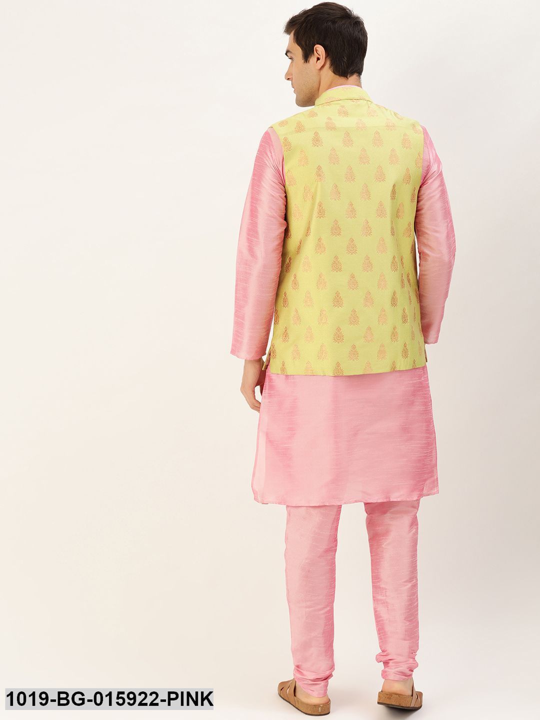 Men's Silk Blend Pink Kurta Pyjama & Green Nehru jacket Combo - Sojanya