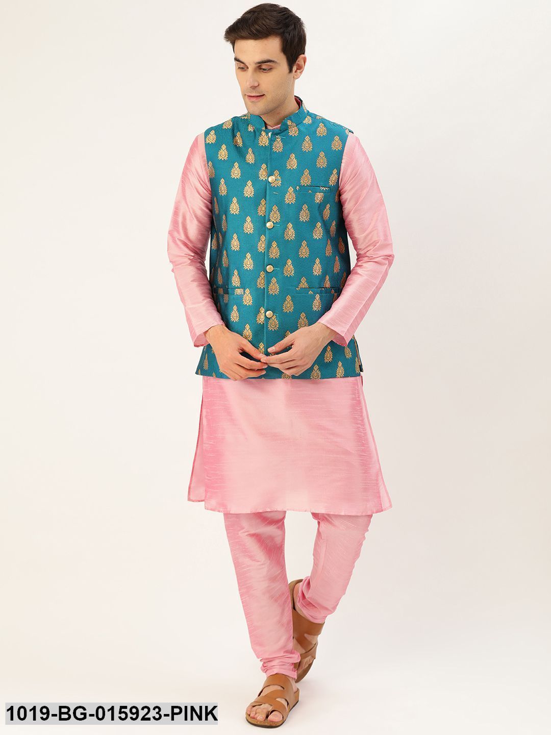 Men's Silk Blend Pink Kurta Pyjama & Teal Blue Nehru jacket Combo - Sojanya