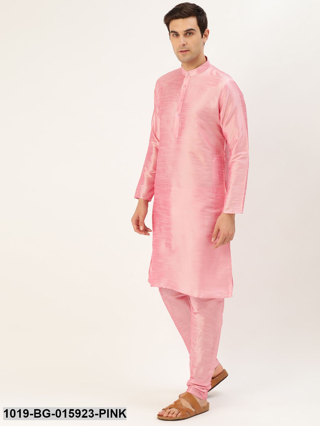Men's Silk Blend Pink Kurta Pyjama & Teal Blue Nehru jacket Combo - Sojanya